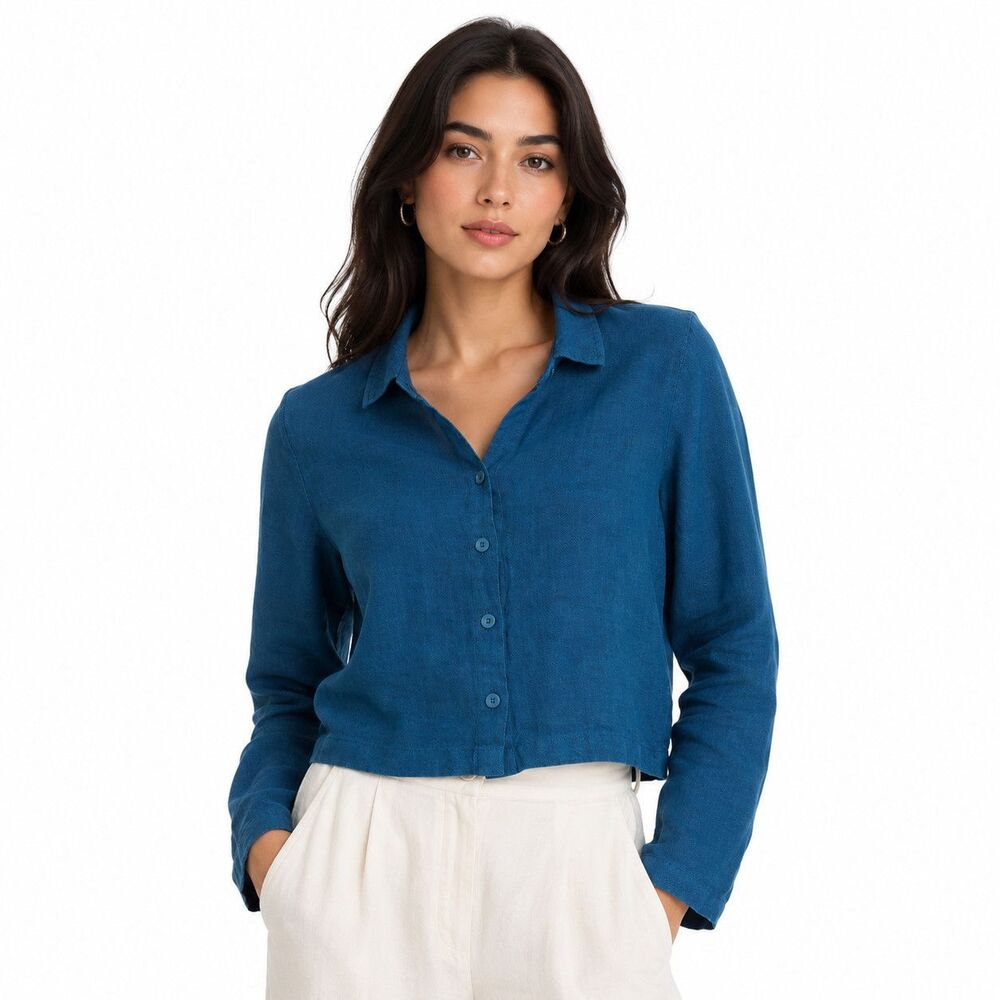Flax Shirt Womens Petite P Blue Linen Button Front Cropped Long Sleeve Top
